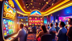 Players celebrating a big win at the olympus slot machine in a modern casino.