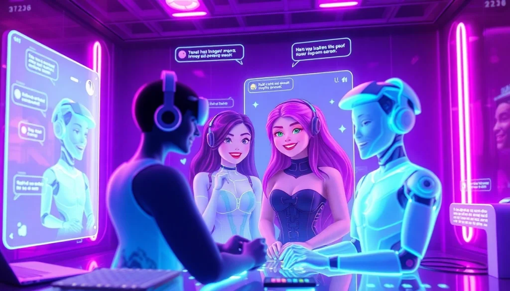 Engaging NSFW AI chat interaction showcasing holographic characters in a vibrant digital chatroom.