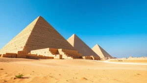 View of the magnificent piraminds at Giza under a clear sky, showcasing their grandeur.