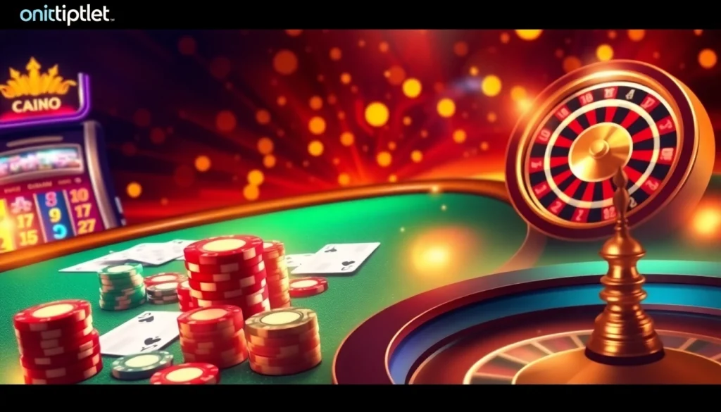 Engage with onicplay by exploring an exciting online gambling interface showcasing vibrant slot machines and poker tables.