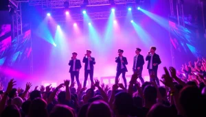 Capture lively BTS news performance with fans and colorful stage lights.