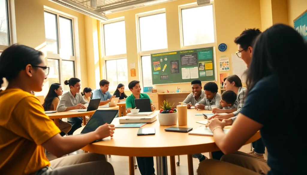 Dynamic education scene showcasing diverse students collaborating in a bright classroom.