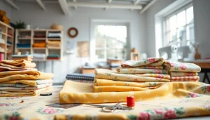 Bekijk verschillende bedrukte katoenen stoffen op een tafel in een zonnige naaistudio.