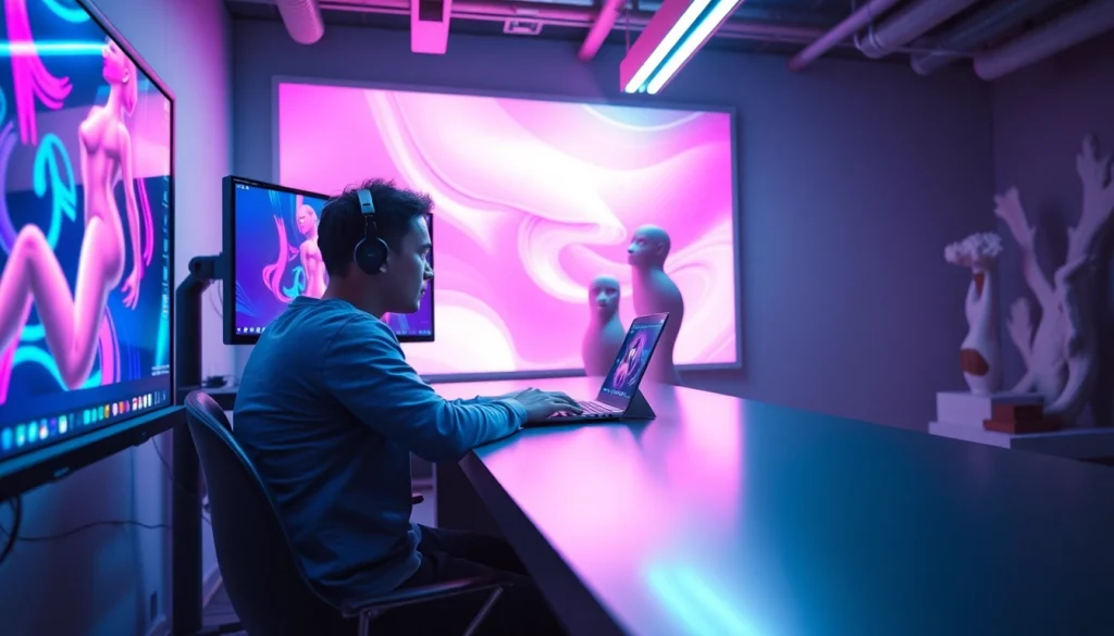 An artist using AI NSFW tools in a vibrant digital art studio, blending creativity and technology.