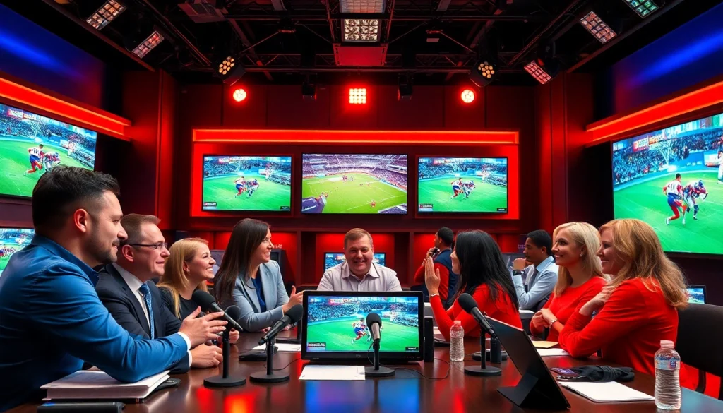 Engaging sports broadcasting scene with commentators and vibrant graphics.