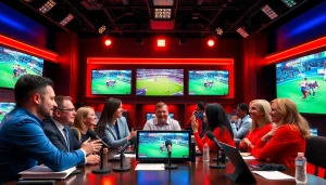 Engaging sports broadcasting scene with commentators and vibrant graphics.