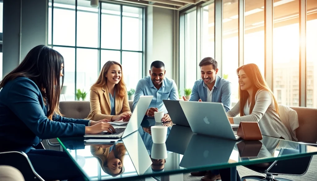 Job seekers researching the best websites for sales jobs in a collaborative office.