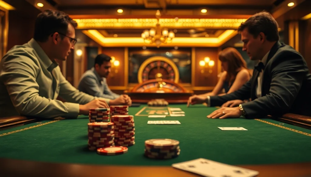 Engage with the thrilling poker atmosphere at good88, featuring intense players and vibrant casino chips.