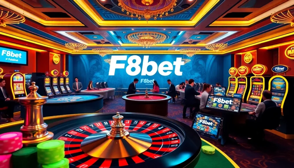 Experience the thrill of F8bet casino with a vibrant scene of roulette, poker chips, and online play.