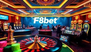 Experience the thrill of F8bet casino with a vibrant scene of roulette, poker chips, and online play.