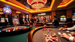 Gamble with excitement at rr888's luxurious casino tables featuring dice, cards, and bright slots.