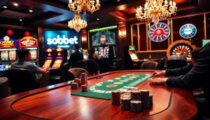 Sophisticated casino scene showcasing sbobet link alternatif with poker players and slot machines.