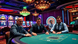 Experience thrilling gameplay at https://mm88.today/ with excited players at a luxurious casino table.