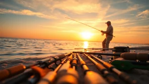 Engaging in saltwater fly fishing while casting into the tranquil waves at sunset.