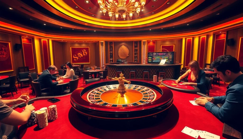 Experience the thrill of gambling at xin88 with vibrant poker tables and a grand roulette wheel.