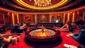 Experience the thrill of gambling at xin88 with vibrant poker tables and a grand roulette wheel.