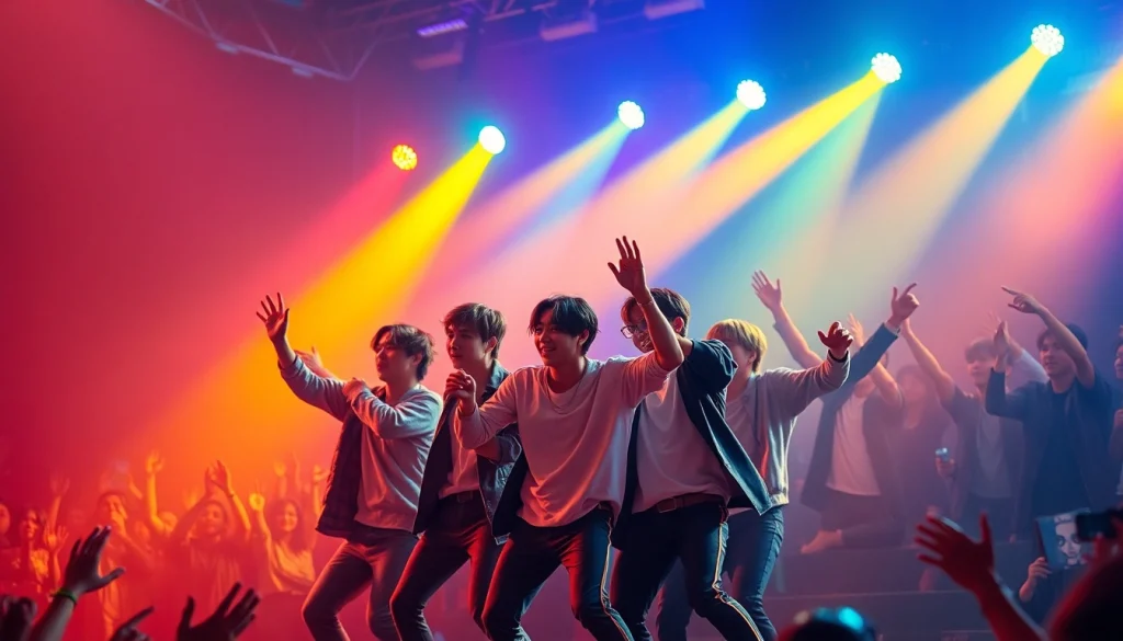 BTS news highlights members performing energetically on stage with vibrant lights.