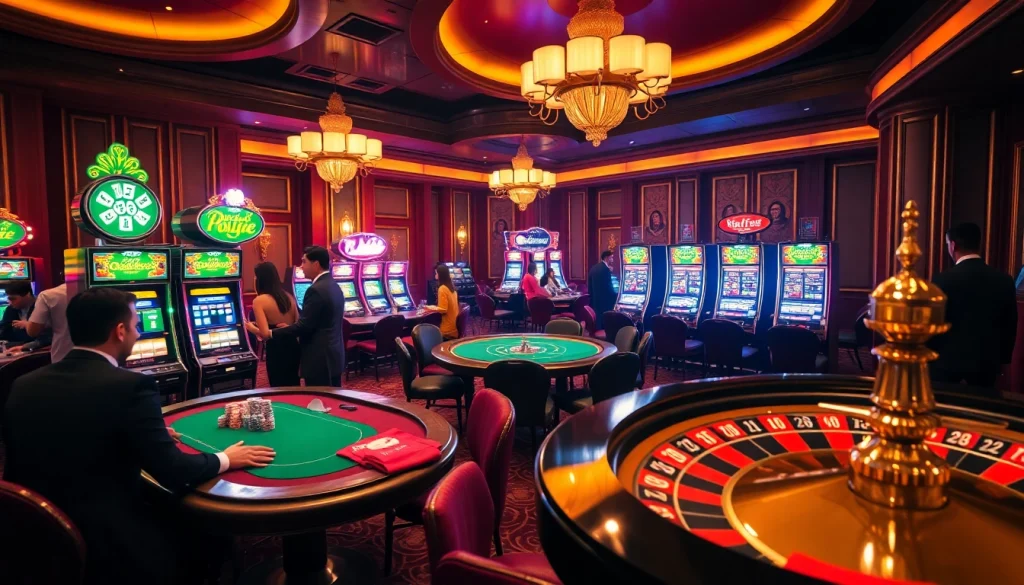 Experience the thrill of rr88 gratis at a luxurious casino table with players and vibrant slot machines.