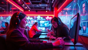 Engaging scene of adults in a modern cyber café using nsfw chat ai in an interactive digital environment.