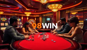 Players at a high-stakes poker table with 98WIN branding, showcasing vibrant chips and cards.