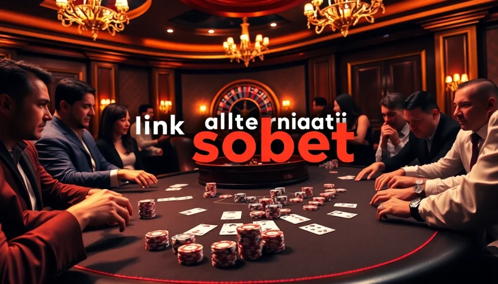 Engaging players at a luxurious casino poker table showcasing link alternatif sbobet for online betting.