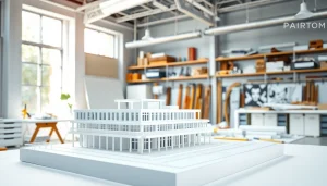 Detailreicher architekturmodellbau Kiel in einem modernen Designstudio mit präzisem Handwerk.