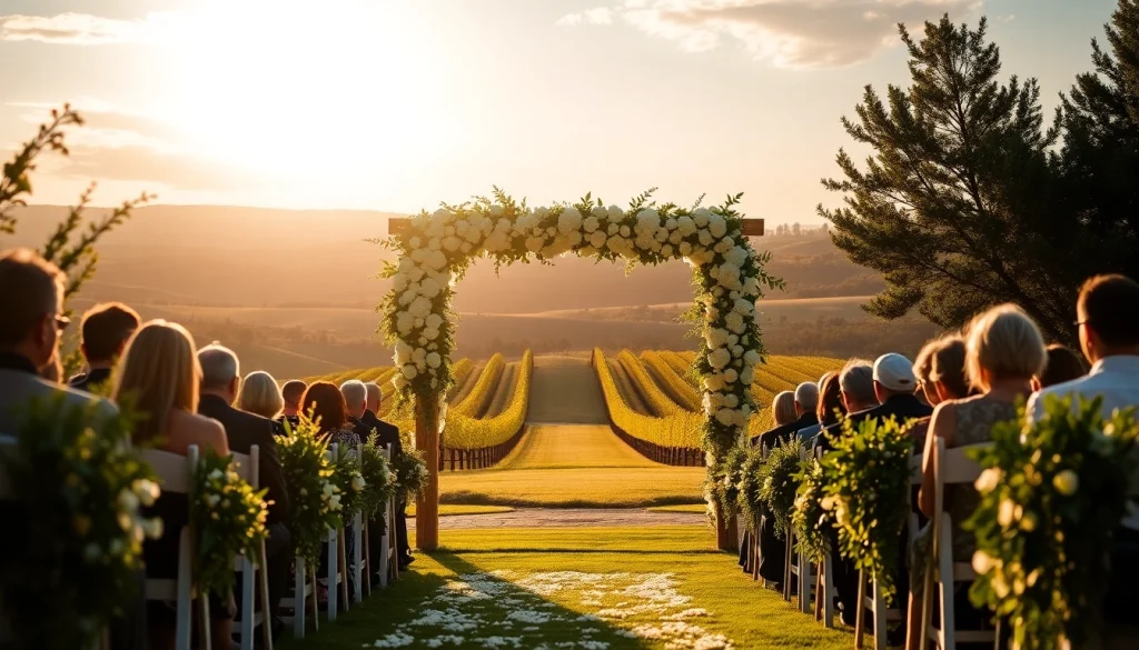 Experience picturesque Clarksburg Wedding Venues with elegant floral archway and serene vineyard backdrop.