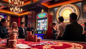 Berinteraksi dengan demo Mahjong Slot dalam adegan kasino yang meriah yang menampilkan sensasi permainan.