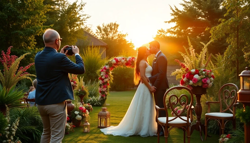Capturing a moment in wedding photography with a couple in a picturesque garden.