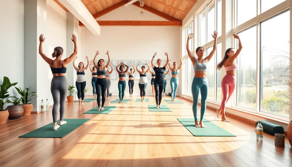 活気あるスタジオでホットヨガを行う多様な参加者たちが健康促進のポーズを披露