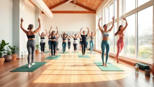 活気あるスタジオでホットヨガを行う多様な参加者たちが健康促進のポーズを披露