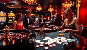 Jeu intense dans un casino en ligne France luxueux avec des roulettes étincelantes et des jetons de poker.