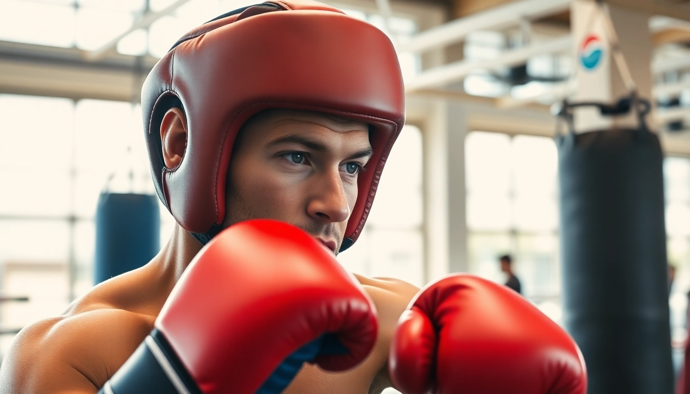Boxer training with headgear boxing in a vibrant gym environment.