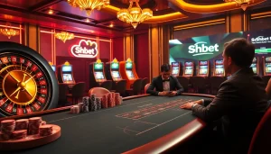 Shbet players enjoying a thrilling casino experience with poker and slot machines.