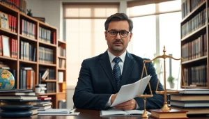 Die Expertise im internationalen Strafrecht wird durch einen in einem Büro tätigen Anwalt verdeutlicht.