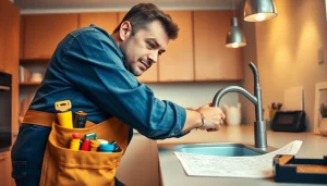 Plumber fixing a sink in a modern kitchen, demonstrating professional skills and tools.