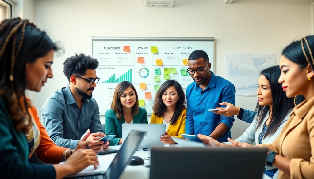 Dynamic workforce development strategy session with diverse professionals collaborating.