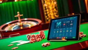 Scène de jeu captivante au meilleur casino en ligne France avec des jetons de poker et une roulette.