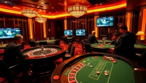 Experience the thrill of situs bola online betting in a luxurious casino setting with poker tables and roulette.