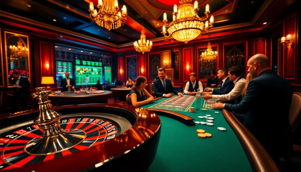 Ambiance de casino vivante montrant un gameplay palpitant avec des matchs de roulette et de poker au meilleur casino en ligne France.