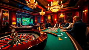Ambiance de casino vivante montrant un gameplay palpitant avec des matchs de roulette et de poker au meilleur casino en ligne France.