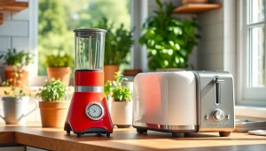 Showcase of affordable appliances in a well-lit, modern kitchen setting with vibrant colors.