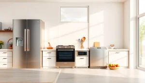 Bright kitchen with modern home appliances arranged attractively on the counter.