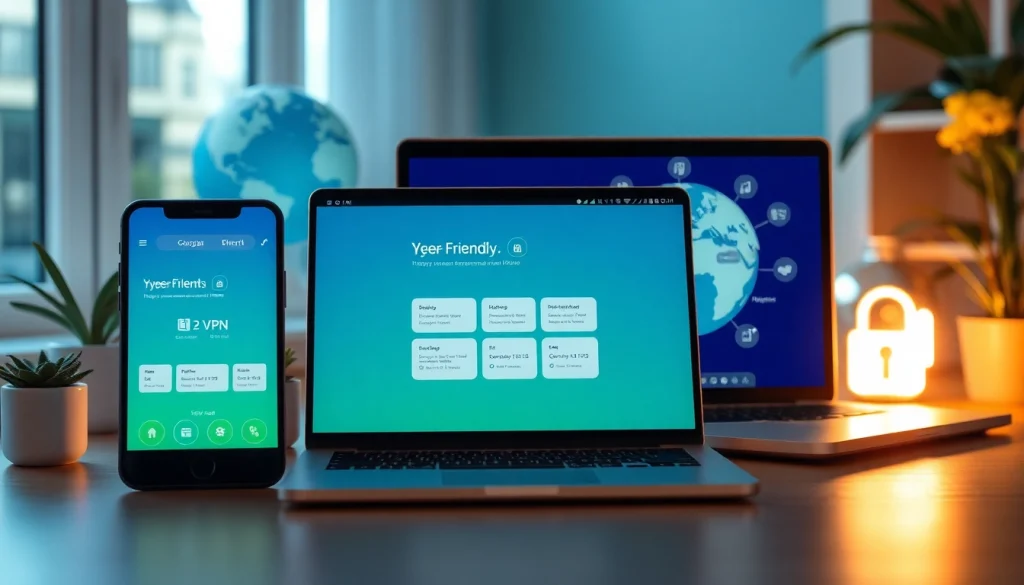 展示全球连接性与安全性的多设备快连VPN界面。