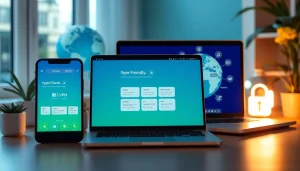 展示全球连接性与安全性的多设备快连VPN界面。