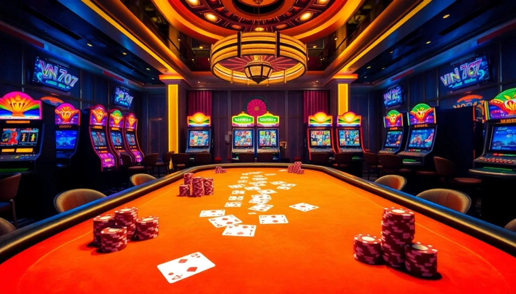 Experience the thrill of casino gameplay at vin777 with vibrant poker tables and exciting slot machines.
