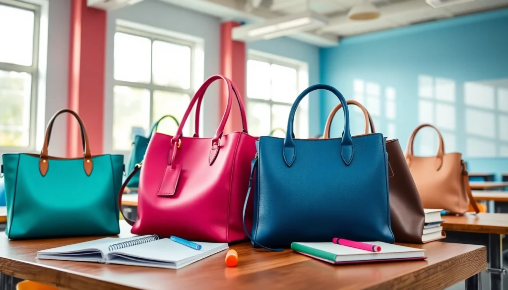 Stylish Handtasche für Schulen auf einem Schreibtisch in einem modernen Klassenzimmer.