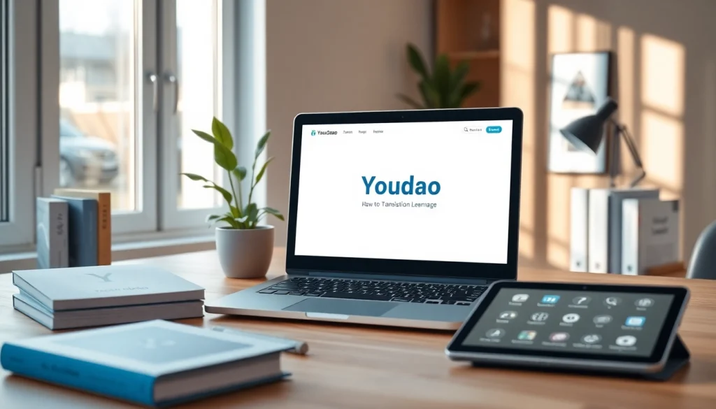 Youdao translation software displayed on a sleek laptop in a modern office, emphasizing innovation in language learning.