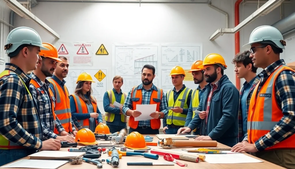 Engaged trainees in construction training programs using tools and safety gear in a bright workshop.
