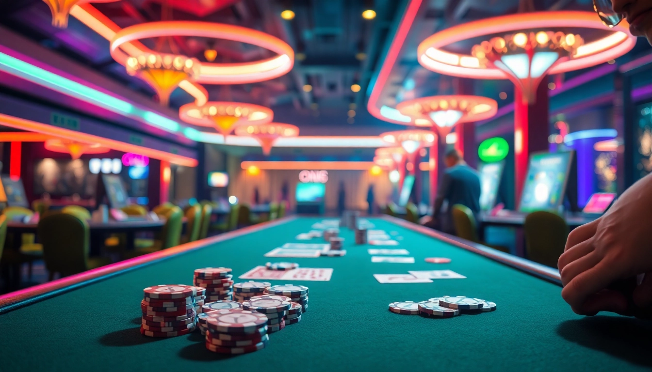 Neue casino bonus ohne einzahlung auf einem Tisch mit glänzenden Jetons und lebhaften Lichtern.